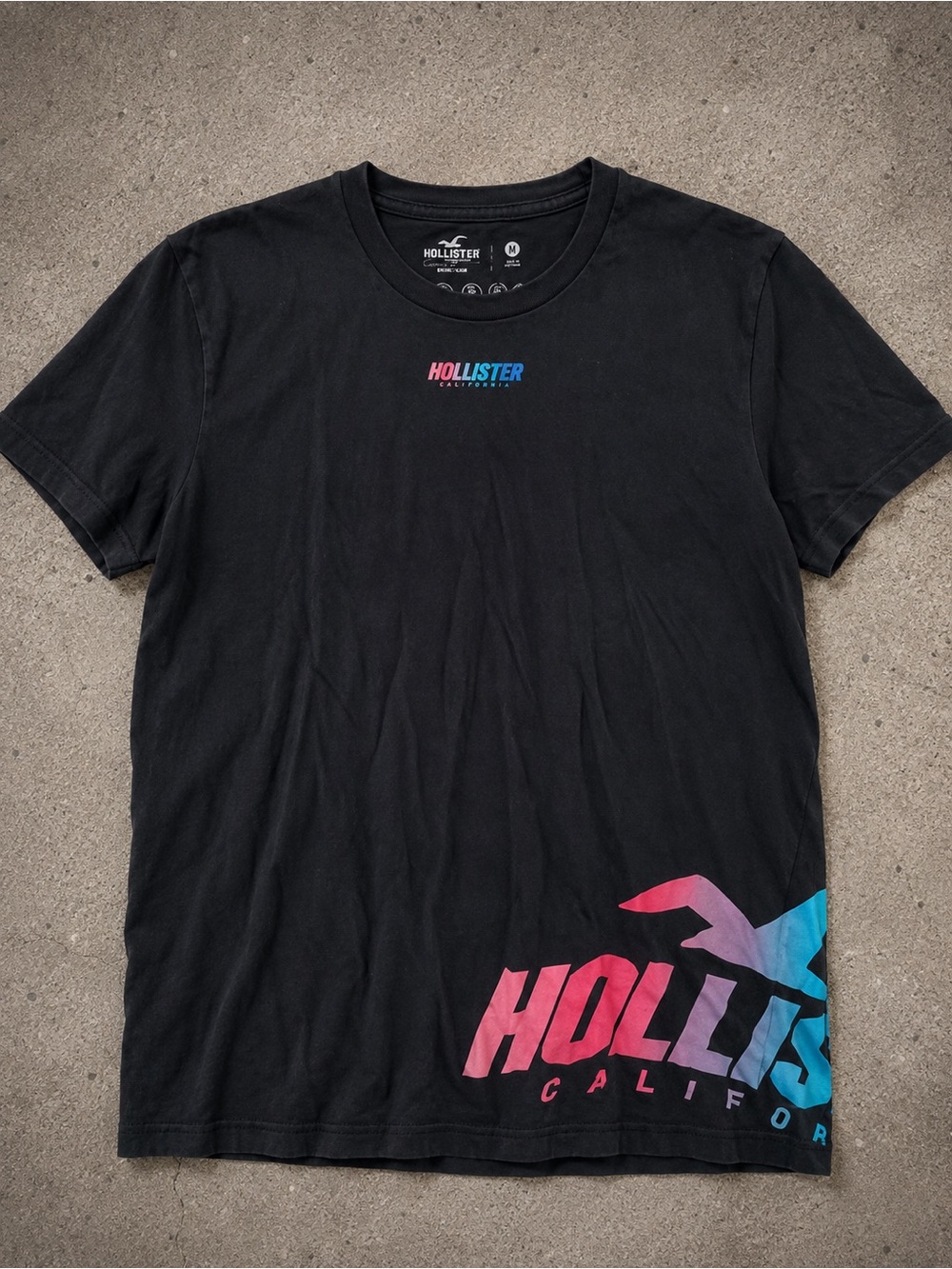 Hollister Black Short Sleeve Tee with Pink & Blue Graphic